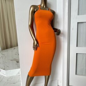 Brand New Zara Bright Orange Ribbed Midi Dress